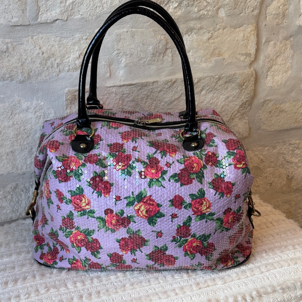 Betsey Johnson-Pink Floral Travel Bag with Black Accents - Picture 8 of 11